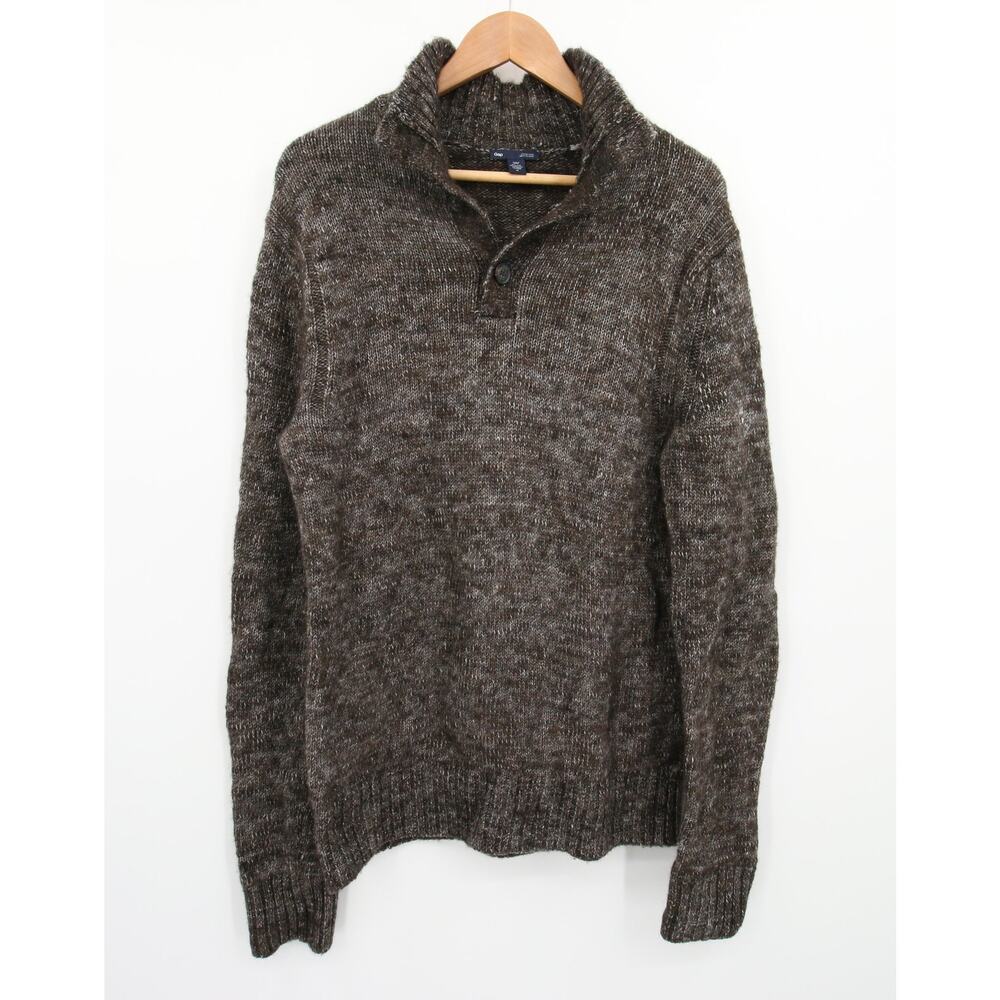 Gap Sweater Brown Wool Alpaca Knit Mock Neck Pullover Button Collar Size M